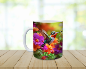 Personalized hummingbird mug with custom name. 11 oz ceramic mug with bold floral design. Vibrant bird and flower sublimated coffee cup. 